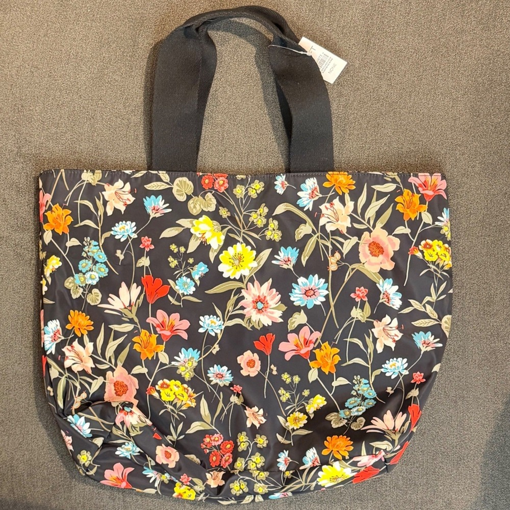 LOFT Floral Print Nylon Tote Bag Black Multi Color Botanical Garden NEW